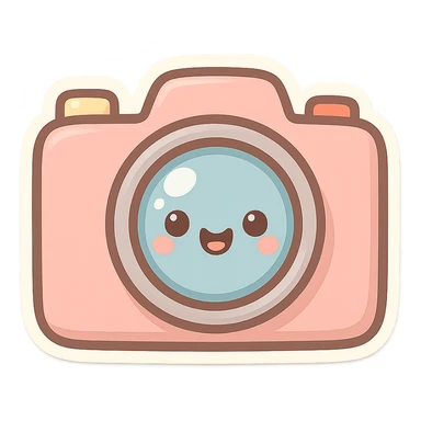 chibi sticker-style camera with a smiling face, cute and exaggerated sticker