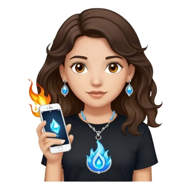 brunette girl with wavy medium length hair, brown eyes, light/medium skin tone, holding iPhone and light phone, wearing black tee shirt with flame pattern on it, small silver hoop earrings with blue gem stars, and colorful beaded charm necklace sticker