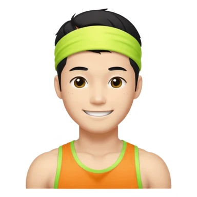 Korean 27-year-old male health coach / Wearing fluorescent colors / White face / Hairband / Smiling expression / Short black hair / Muscular body sticker