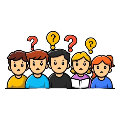 Team of people with bewildered expressions and question marks around them sticker