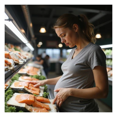 realistic pregnant woman in 4K looking at salmon in supermarket with worried expression close-up detail on salmon fillet showing parasites inside sticker