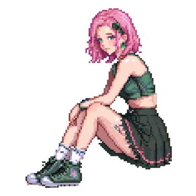 A girl with pink hair, wearing a skirt, sitting sideways on her leg, wearing a crop top, pastel colors sticker