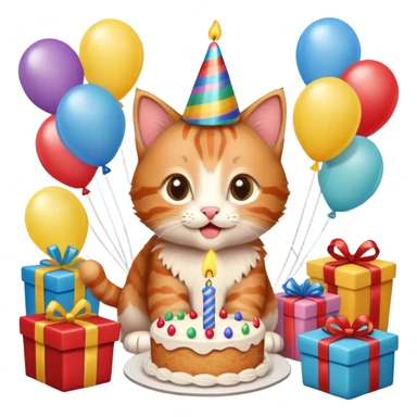 Ginger tabby kitten celebrates birthday, birthday hat, birthday cake, one candle, balloons, happy, gifts sticker