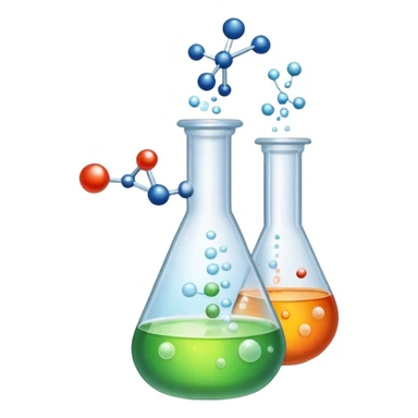 An icon featuring a chemical flask, bubbling with liquid, and an atomic structure, symbolizing chemistry. The design includes molecules, a periodic table, and laboratory equipment, representing the study of chemical reactions and elements. Transparent background highlights scientific research. sticker