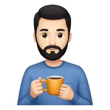 A thin guy with black hair, a long face, black beard, not too thick and long, holding a mug of coffee sticker