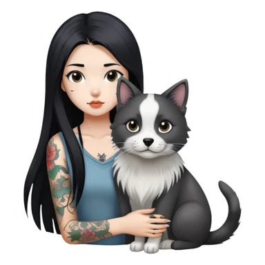 a Chinese girl with long black  straight hair and tattoos and A grey border collie and a black round faced cat sticker