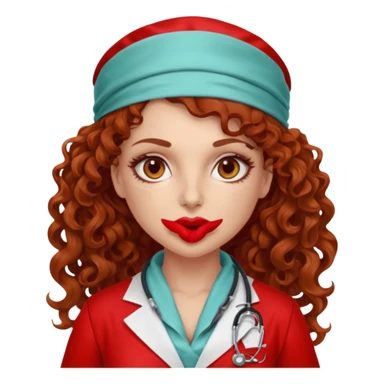 Sensual Spanish Lilith core evil surgeon.red outfit.  Surgeon has hazel eyes. Her hair is BROWN. Hair is also  long and  curly. wearing a sexy surgeon outfit with platform  heels.she is a calculated smart killer. She covers only her mouth and nose with silk scarf to hide identity  sticker
