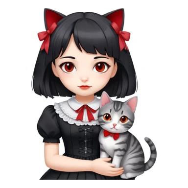 girl wearing black Lolita style dress, with medium-length black hair with red tips, and a gray American Shorthair tabby cat sticker