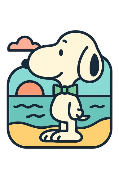 Snoopy, outlined, pastel colors, with a green bowtie, with a beach background sticker