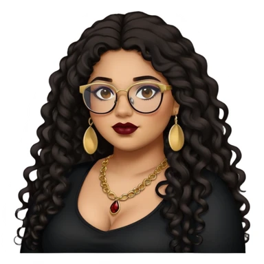 teen big plus size, latina, darker tan skin, gold jewelry, long black curly hair, baddie,pretty, makeup, dark red lipgloss, black eyeliner, long hair, black top, black glasses sticker