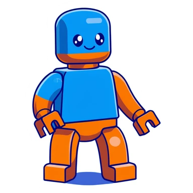 A cartoon blue Lego brick character with arms, legs and a friendly face sticker