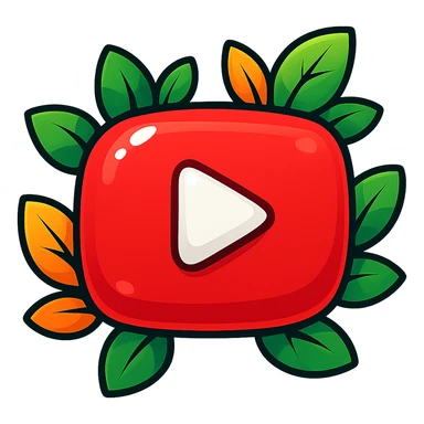 Extra rounded, puffy YouTube logo in vibrant toon style with bold outline, strong graphic shadows, bright highlights, decorated with colorful leaves, no background. Extra attention to contours and shine, in the style of the reference image, but even more rounded and flat. sticker