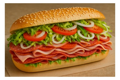 an Italian hoagie sandwich overflowing with meats and veggies, sesame seed bun, bright and inviting sticker