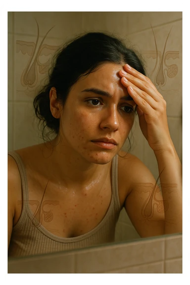 A realistic, cinematic portrait of a young woman in her late 20s with medium skin tone, sitting in front of a mirror in a softly lit bathroom. Her facial skin appears oily with a noticeable shine on her forehead, nose, and cheeks due to overactive sebaceous glands caused by PCOS. Small acne spots are visible along her jawline and chin, highlighting hormonal imbalance. She gently touches her forehead with her fingertips, checking the oiliness with a slightly concerned expression. Her dark hair is tied loosely, showing a few strands sticking to the sides of her face because of excess sebum. Subtle overlays of scientific diagrams of sebaceous glands can be softly blended into the background, symbolizing the overproduction of sebum. The atmosphere is clean and realistic, with warm daylight tones and a soft depth of field, ensuring emotional connection while maintaining medical educational value. 35mm film style, highly detailed skin texture and reflections on the oily areas for a hyperrealistic effect in italiano sticker