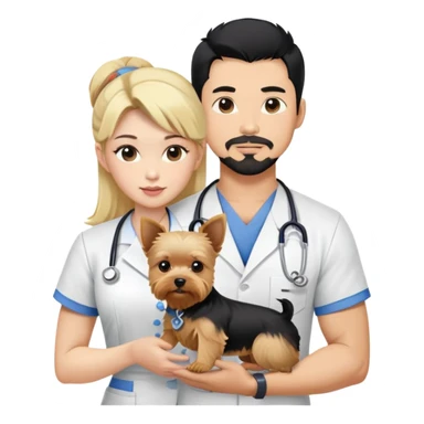 Blonde nurse and tDark haired Korean Asian handsome muscular man with black pointy hair full goatee.   Holding one blonde yorkie.  sticker