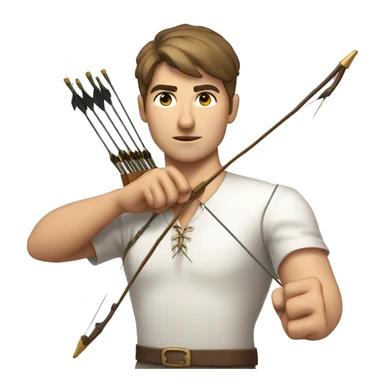 a male archer aiming with a bow facing  his target, eyes closed, wearing a white shirt, very short brown hair, bright skin, only show upper part of the body from waist up sticker