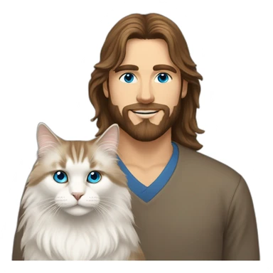 man with brown long hair, a beard and blue eyes holding a white Siberian cat sticker