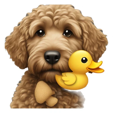 Black golden doodle holding duck stuffed animal sticker