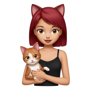 generate a pretty fair bratz girl with short dark red hair holding a cat smiling. Wearing a black cami sticker