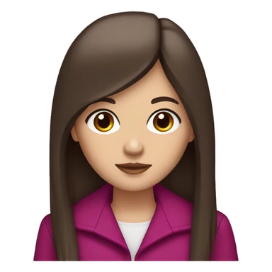 white girl with brown eyes, long straight dark brown hair, curtain bangs, and a magenta jacket sticker