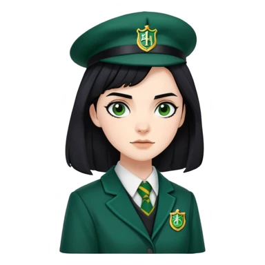 genevieve gaunt is Pansy Parkinson in harry potter, wear hogwarts slytherin uniform, black hair, not wearing hat sticker