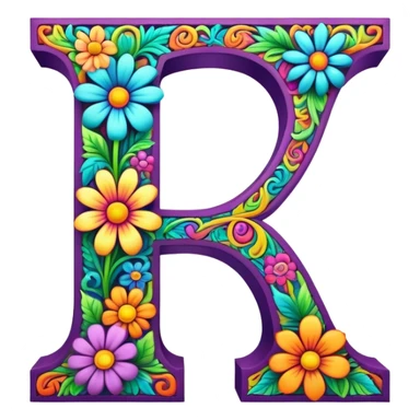 3D, gothic style psychedelic colored Letter I with hippie style flower border sticker