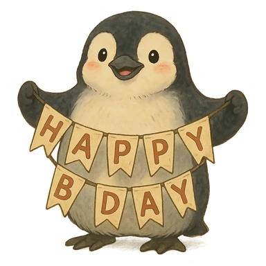 smiling penguin holding 'Happy B-Day' banner, soft Ghibli style sticker