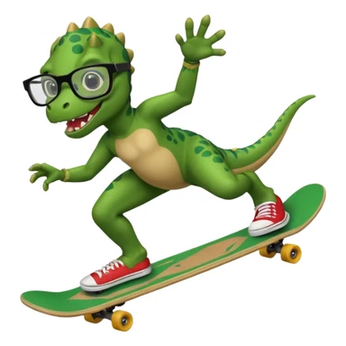 Dinosaur with glasses doing a kick flip on a skateboard sticker