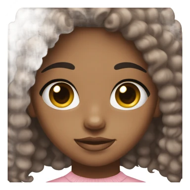 Girl with brown eyes, dark skin, and long black curly hair wearing light pink sticker