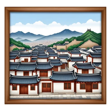 Cinematic Realistic Bukchon Hanok Village Landmark Emoji, depicted with traditional Korean houses set against a scenic backdrop rendered with detailed textures and warm, inviting lighting. sticker
