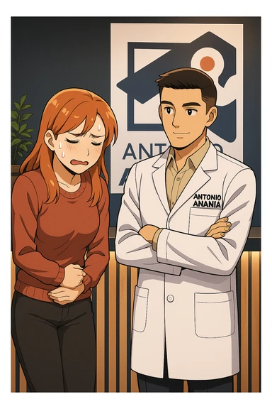 su questo stile fai un manga/webtoon a colori in cui una donna si lamenta che sta male e ha mal di pancia, l'uomo della foto in stile manga gli risponde, mantieni un ambiente simile alla foto che ho allegato con il suo logo (sarebbe il suo studio, lui è un kinesiologo), scrivigli "ANTONIO ANANIA" sul camice bianco, non mettere fumetti, ma fai in modo che sembri che la donna chiede una cosa e l'uomo risponde alla sua domanda sticker