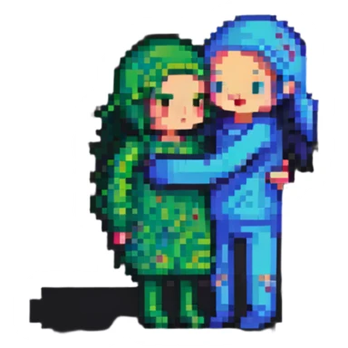 Pixelated characters hugging sticker