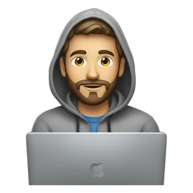A project manager in a gray hoodie and with a short beard in front of an apple laptop sticker