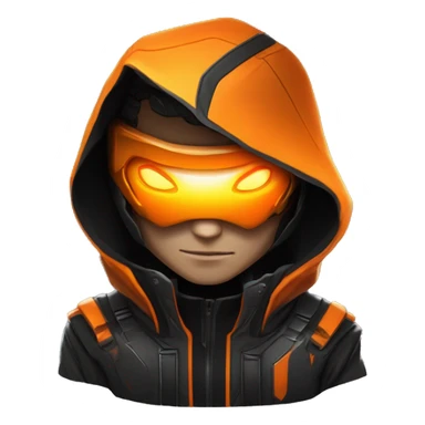  developer behind his laptop with this style : crysis Cyberpunk Valorant orange glowing bright orange character orange black hooded assassin themed character sticker