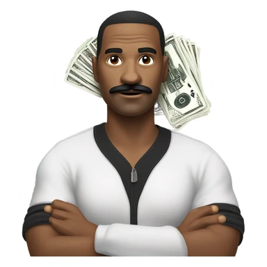 man with black moustache, a sly smirk, wearing track suit, with cash and playing cards in his hands sticker