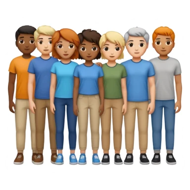 14 personagens de diferentes tons de pele e estilos de cabelo, vestindo roupas casuais em diferentes cores, todos agrupados lado a lado sticker