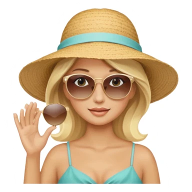 
blonde in light big beach elegant hat holds hat and with second hand holds sunglasses on face sticker