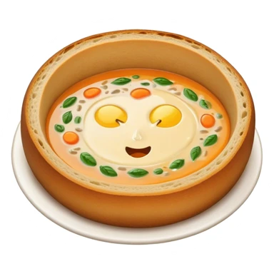 Żurek Cinematic Realistic Żurek Soup Dish Emoji, depicted as a tangy rye soup served inside a hollowed-out round loaf of bread, rendered with rich textures and dynamic, comforting lighting. sticker