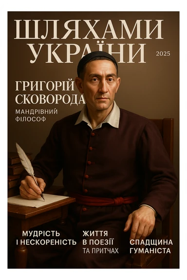Create a glamorous, ultra-realistic magazine cover titled "Шляхами України".
The cover features Princess Olga from the downloaded image.
The cover design should be bright with elegant typography.
Add the title: "Григорій Сковорода", the subtitle: "Мандрівний філософ", and the release date: "2025".
Include additional subheadings and a well-thought-out layout.
Premium lighting, dramatic shadows, rich colour correction, glossy paper texture, minimalist background, focus on the character and typography in the spirit of glossy publications. sticker