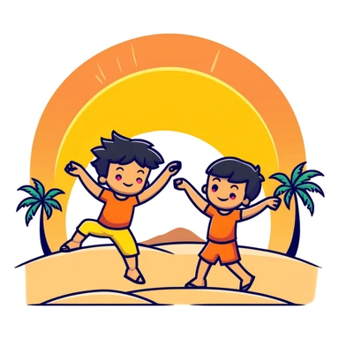 Happy cartoon character dancing on beach with sun rays highlighting them, tripa tropa party mood, sand and palm trees sticker