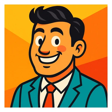 a smiling man with thick hair, looking confident and happy after a hair transplant, vibrant cartoon style sticker