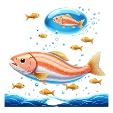 Golden omega-3 capsule floating in blue liquid currents, with salmon fillets, walnuts, chia seeds, and flaxseeds orbiting alongside an ethereal fish near a radiant brain. Blue waves expand from the brain, showing the mental clarity and emotional benefits of omega-3 rich foods. sticker