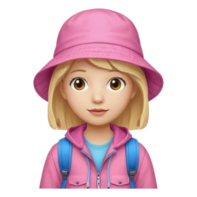 A student white skin, blonde hair, with pink bucket hat, orange jacket, blue backpack sticker