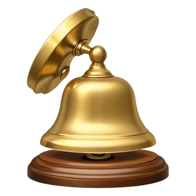 A hotel bell with a polished brass surface on a wooden base sticker