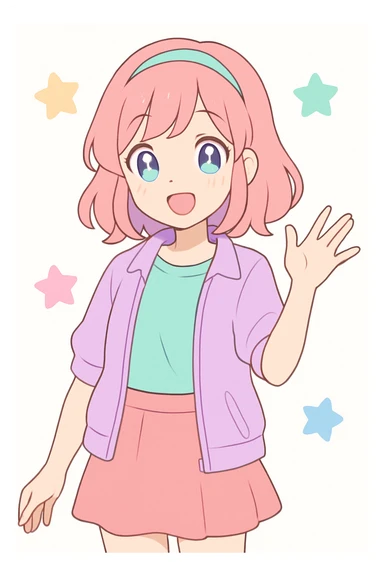 playful anime style, pretty young woman, cheerful expression, casual outfit, tasteful and cute, vibrant colors, no explicit content sticker