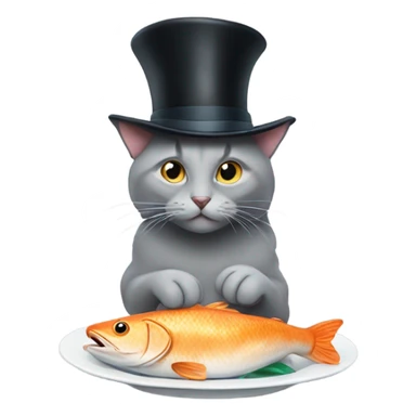 Gray cat eating a fish with a top hat sticker