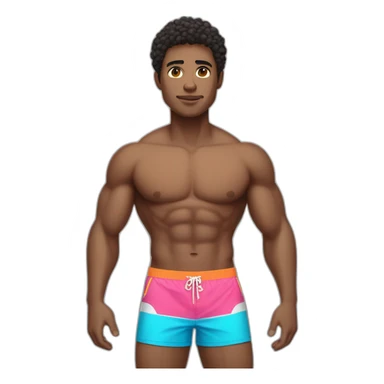 man with full athletic body in swim trunks, light skin and dark combed hair doing a pose sticker