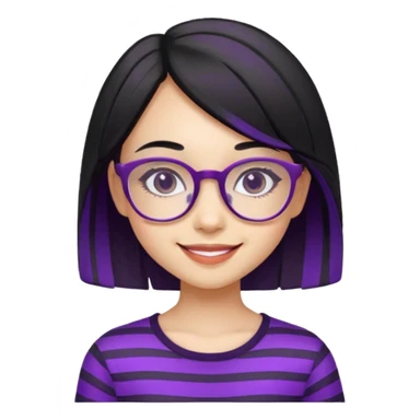 chica bonita con ligero cabello negro con rayas moradas que llega hasta los hombros con lentes cuadrados de estatura pequeña sticker