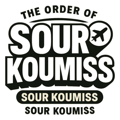 A retro 90s logo for 'The Order of Sour Koumiss' with bold typography and a subtle travel-related icon, in black and white sticker