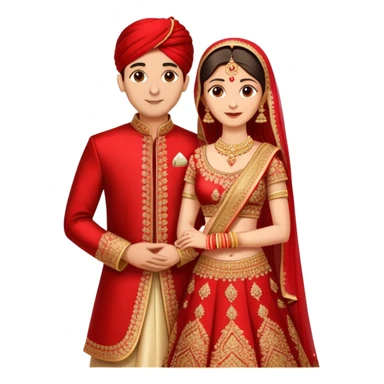 Indian married couple in traditional wedding attire, bride in red and gold wedding lehenga or saree, groom in sherwani, both with fair skin, groom is clean shaven sticker